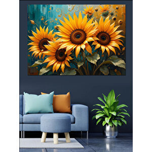 Turkuaz Arka Plan Ayçiçekleri Dekoratif Kanvas - Mdf Ahşap Tablo 50x70 cm