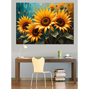 Turkuaz Arka Plan Ayçiçekleri Dekoratif Kanvas - Mdf Ahşap Tablo
