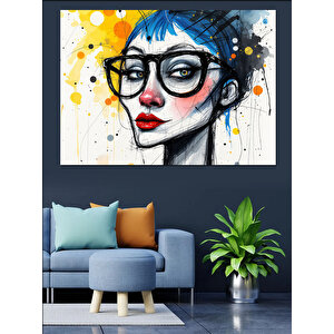Gözlüklü Mavi Saçlı Kadın Dekoratif Kanvas - Mdf Ahşap Tablo 50x70 cm