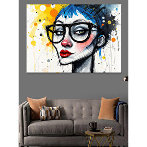 Gözlüklü Mavi Saçlı Kadın Dekoratif Kanvas - Mdf Ahşap Tablo 50x70 cm