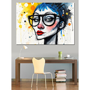 Gözlüklü Mavi Saçlı Kadın Dekoratif Kanvas - Mdf Ahşap Tablo 50x70 cm