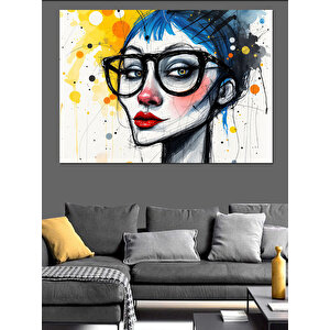 Gözlüklü Mavi Saçlı Kadın Dekoratif Kanvas - Mdf Ahşap Tablo