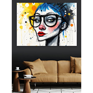 Gözlüklü Mavi Saçlı Kadın Dekoratif Kanvas - Mdf Ahşap Tablo