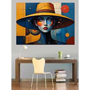 Sarı Şapkalı Soyut Kadın Dekoratif Kanvas - Mdf Ahşap Tablo 100x140 cm