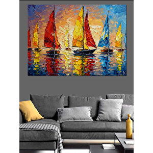 Renkli Fırça Darbeli Yelkenliler Dekoratif Kanvas - Mdf Ahşap Tablo