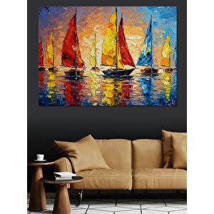 Renkli Fırça Darbeli Yelkenliler Dekoratif Kanvas - Mdf Ahşap Tablo