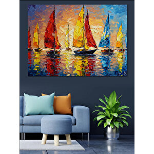 Renkli Fırça Darbeli Yelkenliler Dekoratif Kanvas - Mdf Ahşap Tablo 35x50 cm