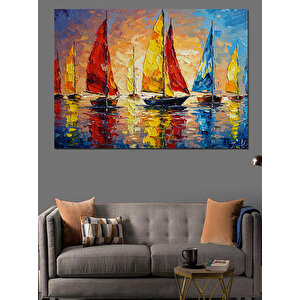 Renkli Fırça Darbeli Yelkenliler Dekoratif Kanvas - Mdf Ahşap Tablo 35x50 cm