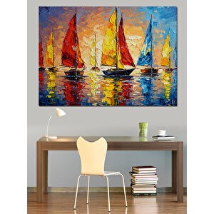 Renkli Fırça Darbeli Yelkenliler Dekoratif Kanvas - Mdf Ahşap Tablo 35x50 cm