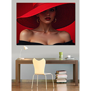 Kırmızı Şapkalı Kadın Portresi Dekoratif Kanvas - Mdf Ahşap Tablo 70x100 cm