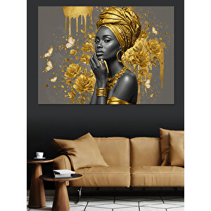 Altın Detaylı Afrikalı Kadın Dekoratif Kanvas - Mdf Ahşap Tablo 50x70 cm