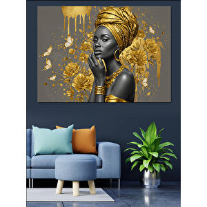 Altın Detaylı Afrikalı Kadın Dekoratif Kanvas - Mdf Ahşap Tablo 50x70 cm