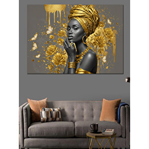 Altın Detaylı Afrikalı Kadın Dekoratif Kanvas - Mdf Ahşap Tablo 50x70 cm