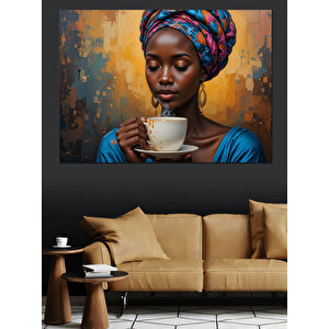 Fincan Tutan Afrikalı Kadın Dekoratif Kanvas - Mdf Ahşap Tablo