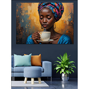 Fincan Tutan Afrikalı Kadın Dekoratif Kanvas - Mdf Ahşap Tablo