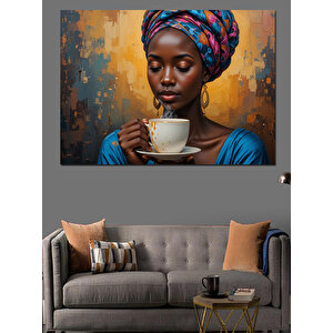 Fincan Tutan Afrikalı Kadın Dekoratif Kanvas - Mdf Ahşap Tablo 35x50 cm