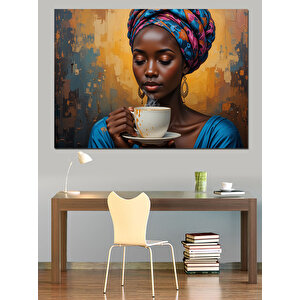 Fincan Tutan Afrikalı Kadın Dekoratif Kanvas - Mdf Ahşap Tablo 35x50 cm