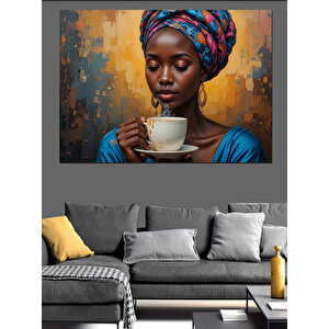 Fincan Tutan Afrikalı Kadın Dekoratif Kanvas - Mdf Ahşap Tablo 35x50 cm