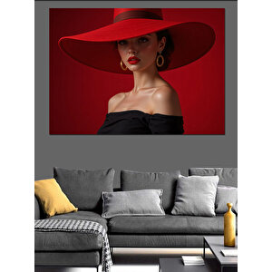 Kırmızı Şapkalı Zarif Kadın Dekoratif Kanvas - Mdf Ahşap Tablo 35x50 cm