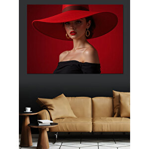 Kırmızı Şapkalı Zarif Kadın Dekoratif Kanvas - Mdf Ahşap Tablo 35x50 cm