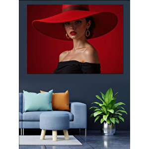 Kırmızı Şapkalı Zarif Kadın Dekoratif Kanvas - Mdf Ahşap Tablo 35x50 cm