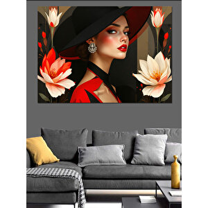 Kırmızı Elbiseli Şapkalı Kadın Dekoratif Kanvas - Mdf Ahşap Tablo 70x100 cm