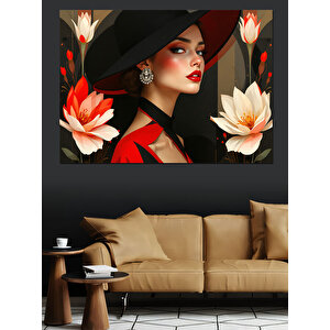 Kırmızı Elbiseli Şapkalı Kadın Dekoratif Kanvas - Mdf Ahşap Tablo 70x100 cm
