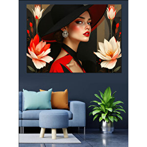 Kırmızı Elbiseli Şapkalı Kadın Dekoratif Kanvas - Mdf Ahşap Tablo 70x100 cm