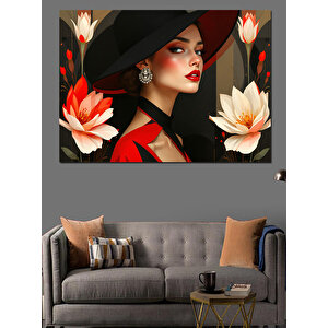Kırmızı Elbiseli Şapkalı Kadın Dekoratif Kanvas - Mdf Ahşap Tablo