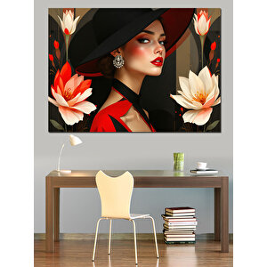 Kırmızı Elbiseli Şapkalı Kadın Dekoratif Kanvas - Mdf Ahşap Tablo
