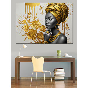 Altın Küpeli Afrika Kadını Dekoratif Kanvas - Mdf Ahşap Tablo 35x50 cm