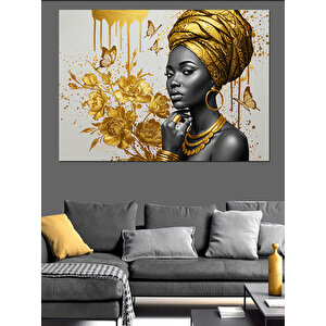 Altın Küpeli Afrika Kadını Dekoratif Kanvas - Mdf Ahşap Tablo 35x50 cm