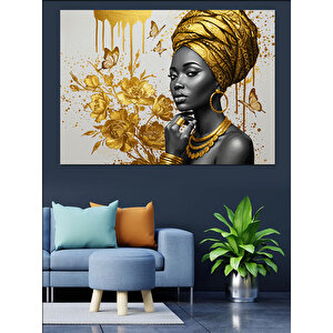 Altın Küpeli Afrika Kadını Dekoratif Kanvas - Mdf Ahşap Tablo