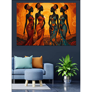 Turuncu Zeminde Afrika Kadınları Dekoratif Kanvas - Mdf Ahşap Tablo