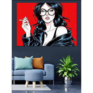 Gözlüklü Kırmızı Rujlu Kadın Dekoratif Kanvas - Mdf Ahşap Tablo 100x140 cm