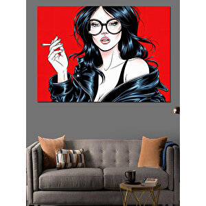 Gözlüklü Kırmızı Rujlu Kadın Dekoratif Kanvas - Mdf Ahşap Tablo 100x140 cm