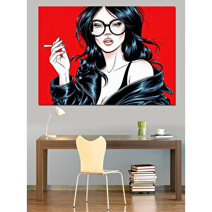 Gözlüklü Kırmızı Rujlu Kadın Dekoratif Kanvas - Mdf Ahşap Tablo