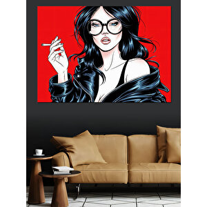 Gözlüklü Kırmızı Rujlu Kadın Dekoratif Kanvas - Mdf Ahşap Tablo 35x50 cm