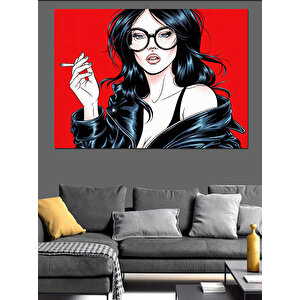 Gözlüklü Kırmızı Rujlu Kadın Dekoratif Kanvas - Mdf Ahşap Tablo
