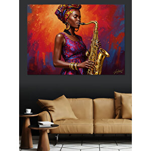 Saksafon Çalan Afrikalı Kadın Dekoratif Kanvas - Mdf Ahşap Tablo 35x50 cm