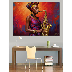 Saksafon Çalan Afrikalı Kadın Dekoratif Kanvas - Mdf Ahşap Tablo