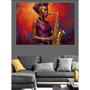 Saksafon Çalan Afrikalı Kadın Dekoratif Kanvas - Mdf Ahşap Tablo