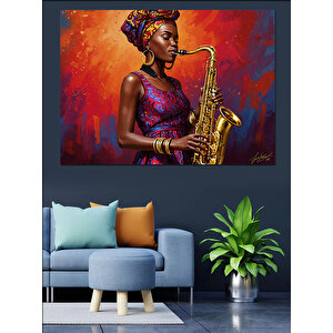 Saksafon Çalan Afrikalı Kadın Dekoratif Kanvas - Mdf Ahşap Tablo 100x140 cm