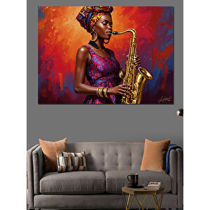 Saksafon Çalan Afrikalı Kadın Dekoratif Kanvas - Mdf Ahşap Tablo 100x140 cm
