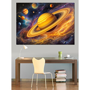 Gezegenler Ve Satürn Manzarası Dekoratif Kanvas - Mdf Ahşap Tablo 70x100 cm