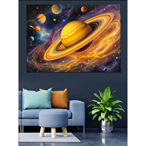 Gezegenler Ve Satürn Manzarası Dekoratif Kanvas - Mdf Ahşap Tablo 100x140 cm