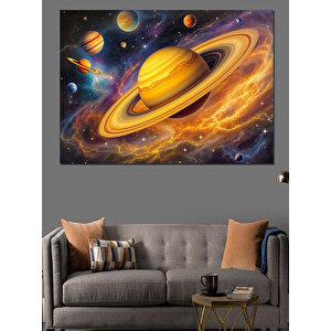 Gezegenler Ve Satürn Manzarası Dekoratif Kanvas - Mdf Ahşap Tablo 100x140 cm