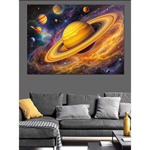 Gezegenler Ve Satürn Manzarası Dekoratif Kanvas - Mdf Ahşap Tablo