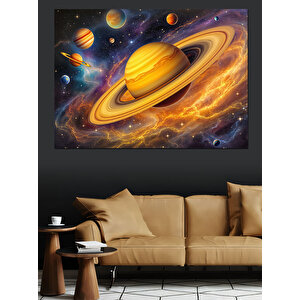 Gezegenler Ve Satürn Manzarası Dekoratif Kanvas - Mdf Ahşap Tablo