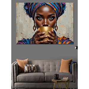 Altın Fincan Tutan Afrikalı Kadın Dekoratif Kanvas - Mdf Ahşap Tablo 35x50 cm